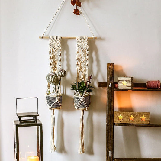 Macramé porte plante double