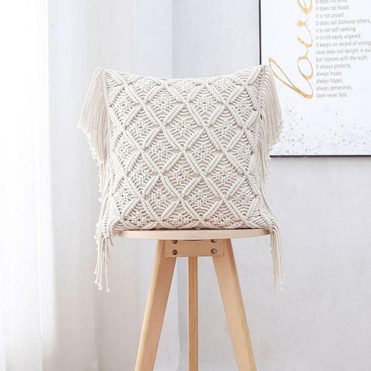 Coussin macramé blanc bohème
