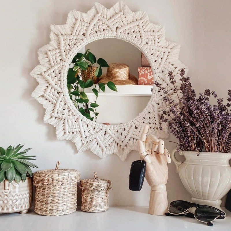 Miroir macramé blanc
